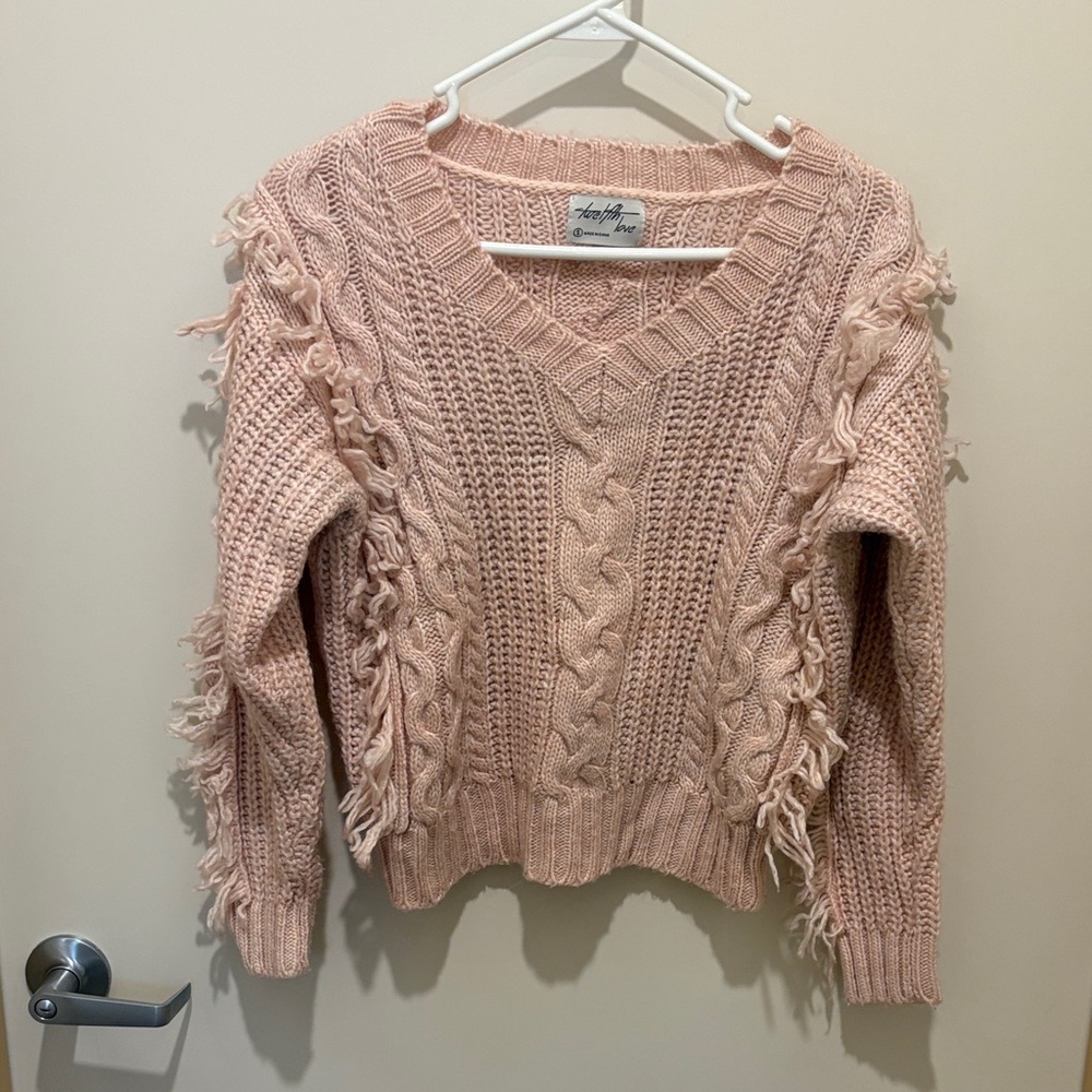 Pink V-Neck Cable Knit Sweater